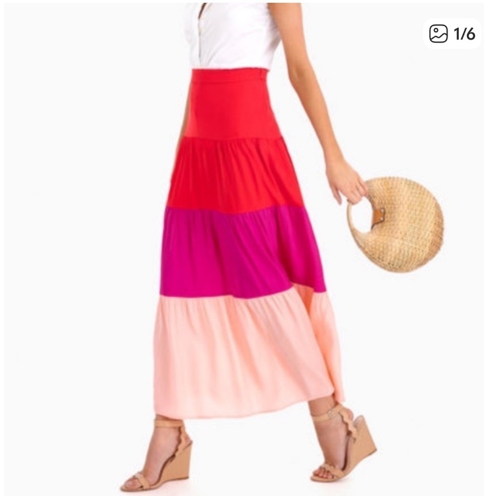 Marie Oliver luxury tiered SILK Maxi Skirt red purple pink colorblock flowy fit